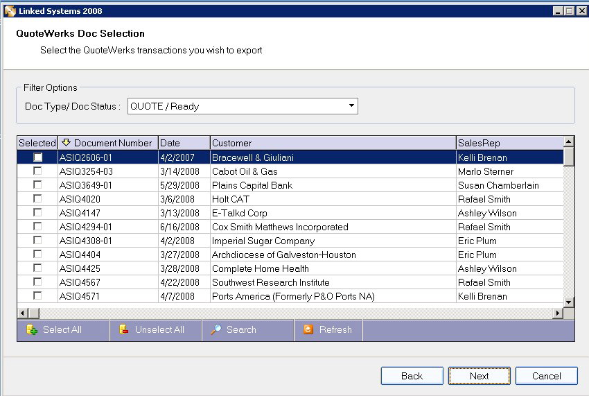 Batch Synch - Step 1 (select quotes)