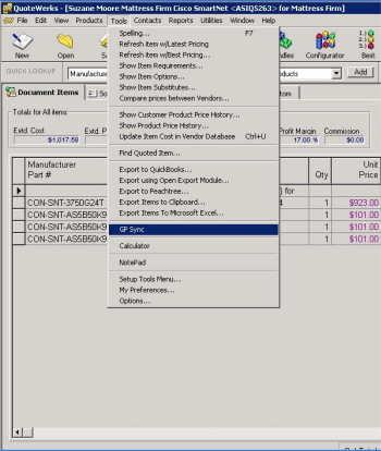 Real-Time Synch - Step 1 - Select from QuoteWerks Menu